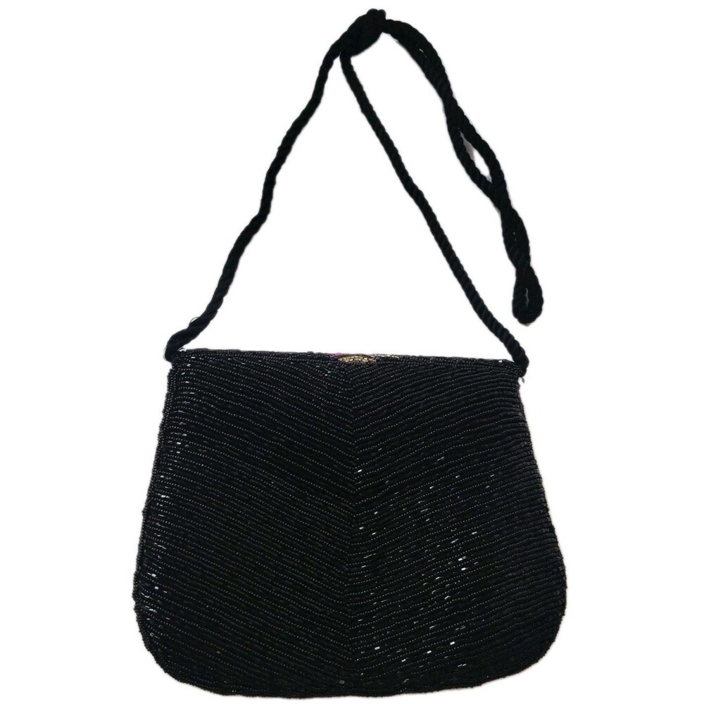 Vintage Black Beaded Evening Bag Rope Strap Art Deco Style - Picture 3 of 8
